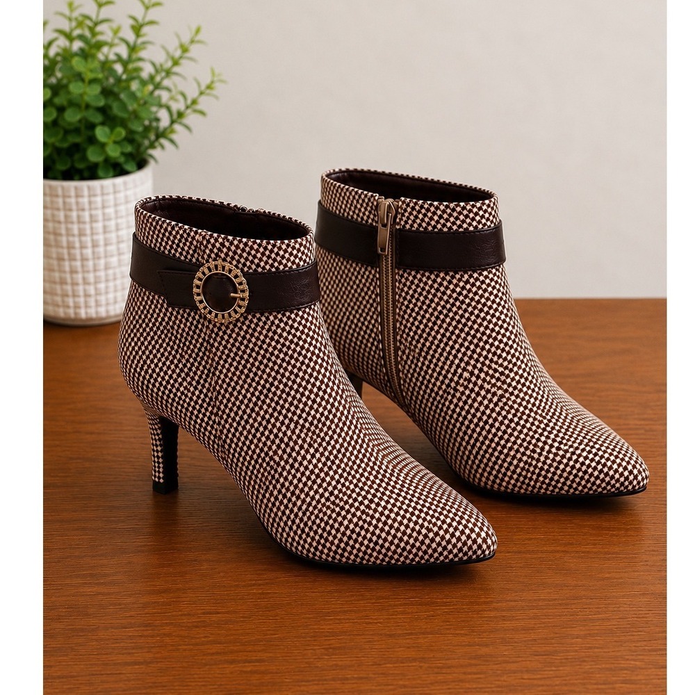 Allegra K Womens Houndstooth Pointed Toe Kitten Heel Ankle Boots Brown Size 10